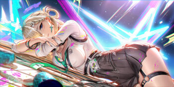 1girl aqua_necktie black_skirt blonde_hair braid braided_bangs breasts cleavage commentary earrings english_commentary hair_ornament hair_over_one_eye highres id_card jewelry liang_xing long_hair looking_at_viewer lynae_(wuthering_waves) medium_breasts necktie parted_lips purple_eyes shirt signature skirt skull_hair_ornament solo spray_can star_(symbol) star_earrings white_shirt wuthering_waves