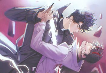 2boys black_coat black_hair black_shirt blood blood_from_mouth closed_eyes coat colored_extremities colored_veins glowing highres holding_hands imgeun impaled kim_dokja looking_at_another male_focus multiple_boys omniscient_reader&#039;s_viewpoint open_clothes open_coat popped_collar shirt short_hair smile stab sword weapon white_coat yoo_joonghyuk