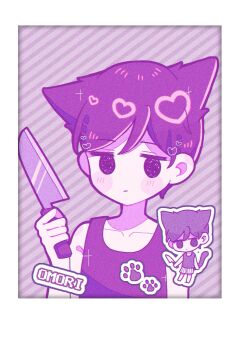 Rule 34 | 1boy, animal ears, black eyes, black hair, black shorts, black tank top, blush, cat boy, cat ears, cat tail, character name, chibi, closed mouth, collarbone, colored skin, double-parted bangs, expressionless, hair between eyes, highres, holding, holding knife, kemonomimi mode, knife, looking at viewer, omori, omori (omori), shorts, solo, striped clothes, striped shorts, tail, tank top, upper body, vertical-striped clothes, vertical-striped shorts, white shorts, white skin, yo (wetpotatosunsun)