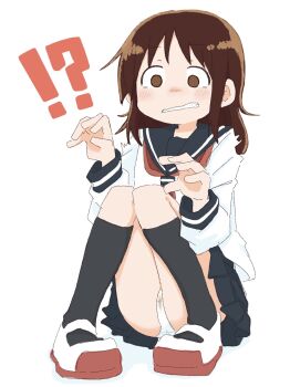 !? 1girl black_socks blue_sailor_collar blue_skirt blush brown_eyes brown_hair clenched_teeth constricted_pupils female_focus flat_chest full_body hands_up kneehighs knees_together_feet_apart knees_up long_sleeves looking_afar matching_hair/eyes medium_hair miniskirt neckerchief nose_blush original panties pee peeing peeing_self pigeon-toed pleated_skirt ponnu_(tnpn2yw) red_neckerchief red_shoes sailor_collar school_uniform serafuku shirt shoes sidelocks simple_background sitting skirt socks solo surprised teeth underwear wavy_mouth wet wet_clothes wet_panties white_background white_panties white_shirt wide-eyed