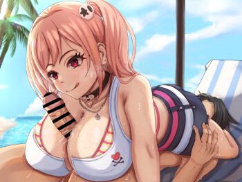 1boy 1girl 69 artist_request bar_censor bare_shoulders beach bikini black_hair breasts censored cleavage clothed_female_nude_male cunnilingus dead_or_alive dead_or_alive_xtreme dead_or_alive_xtreme_venus_vacation faceless faceless_male hair_ornament heart_collar hetero honoka_(doa) jewelry large_breasts licking_lips long_hair necklace nude oral outdoors paizuri penis pink_eyes pink_hair side_ponytail skull_hair_ornament striped_bikini striped_clothes swimsuit tecmo tongue tongue_out veins veiny_penis venus_vacation_prism:_dead_or_alive_xtreme