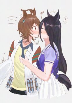 ... 2girls absurdres agnes_tachyon_(tach-nology)_(umamusume) agnes_tachyon_(umamusume) akamura_h animal_ears black_necktie black_pantyhose black_shirt blush bow bowtie breasts chemical_structure clothes_grab coat collared_shirt cork ear_ornament ear_tag earrings embarrassed flustered frilled_skirt frills grey_background hair_between_eyes hands_up hem_peeking_out highres horse_ears horse_girl horse_tail jewelry kiss lab_coat long_bangs long_hair long_hair_between_eyes long_sleeves looking_at_another manhattan_cafe_(umamusume) motion_lines multiple_girls necktie necktie_grab neckwear_grab open_clothes open_coat pantyhose pleated_skirt purple_bow purple_bowtie purple_trim red_eyes sailor_collar school_uniform shirt shirt_tucked_in short_necktie simple_background single_earring skirt sleeves_past_fingers sleeves_past_wrists small_breasts speech_bubble spoken_ellipsis surprised sweatdrop sweater tail test_tube tracen_school_uniform translation_request trembling umamusume very_long_hair waist_bow white_coat white_sailor_collar white_skirt yellow_sweater yuri