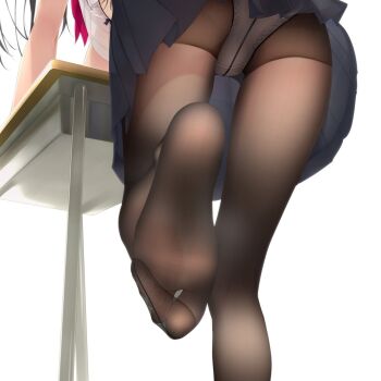 1girl black_hair blue_skirt commentary_request desk feet female_focus foot_focus head_out_of_frame highres leaning_forward leaning_on_object leg_up lower_body murakami_suigun no_shoes panties pantyhose pantyshot pleated_skirt red_neckwear school_desk see-through_clothes see-through_legwear shirt simple_background skirt soles solo thighs toes underwear upskirt white_background white_panties white_shirt