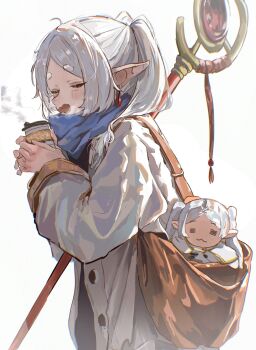 1girl :3 =_= aim6120 bag blue_scarf blush breath brown_bag closed_eyes coat cup disposable_coffee_cup disposable_cup doll double-parted_bangs earrings elf frieren from_side hashtag-only_commentary highres holding holding_bag holding_cup holding_staff jewelry long_hair open_mouth pointy_ears scarf solo sousou_no_frieren staff twintails white_coat