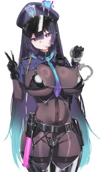 1girl absurdres bdsm belt bikini black_belt black_bikini black_gloves black_pantyhose bodystocking bodysuit bondage bound breasts commentary covered_navel cuffs english_commentary gloves glowstick handcuffs highres krabking large_breasts long_hair original pantyhose police police_uniform policewoman purple_eyes shackles simple_background swimsuit v white_background