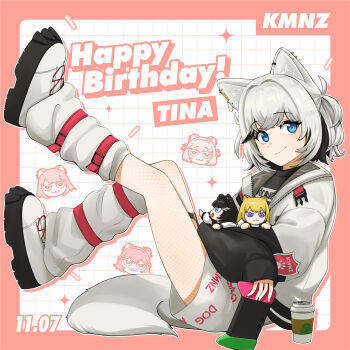 1girl absurdres animal_ear_fluff animal_ear_piercing animal_ears belt belt_buckle black_hair black_shirt blue_eyes border buckle chain chain_necklace character_doll character_name closed_mouth clothes_writing commentary_request controller crossed_bangs cup disposable_coffee_cup disposable_cup dog_ears dog_girl dog_tail doll fishnet_pantyhose fishnets hair_intakes happy_birthday highres holding holding_controller itsumeee3 jacket jewelry kmnz knees_up leg_up lita_(kmnz) long_sleeves looking_at_viewer loose_socks multicolored_hair necklace nero_(kmnz) open_clothes open_jacket outside_border pantyhose paw_print pink_belt pink_border shirt shoes short_hair shorts sitting sleeves_past_wrists smile socks spiked_ear_piercing starbucks tail tina_(kmnz) two-tone_hair virtual_youtuber white_hair white_jacket white_shoes white_shorts white_socks zipper