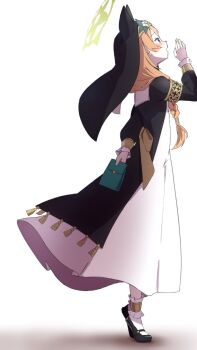 Rule 34 | 1girl, animal ear headwear, animal ears, ankle cuffs, arm behind back, armband, black shoes, blue archive, blue eyes, blush, bow, braid, facing to the side, fake animal ears, flower, frills, full body, habit, hair tubes, halo, hat, hat flower, highres, holding, kusekke, long hair, long sleeves, mari (blue archive), mary janes, nun, open hand, open mouth, orange hair, shoes, simple background, single braid, solo, tassel, tiptoes, waist bow, white background, white legwear, yellow bow