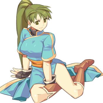 1girl aqua_dress archived_source between_legs black_gloves boots breasts brown_boots china_dress chinese_clothes collared_dress dress fingerless_gloves fingernails fire_emblem fire_emblem:_the_blazing_blade full_body gloves green_eyes hair_tie half_updo hand_between_legs hand_on_ground high_collar high_ponytail itsumo_nokoru knee_boots long_dress long_hair lyn_(fire_emblem) mandarin_collar medium_breasts nintendo pelvic_curtain ponytail popped_collar sash simple_background single_vertical_stripe sitting smile solo striped_clothes striped_sleeves turtleneck vertical-striped_clothes vertical-striped_sleeves very_long_hair white_background yellow_sash yellow_trim yokozuwari