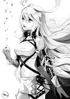 1girl absurdres breasts closed_mouth commentary eightyfourart floating_hair greyscale hair_between_eyes highres looking_up medium_breasts milla_maxwell monochrome navel skirt smile solo standing tales_of_(series) tales_of_xillia