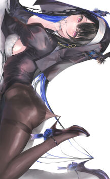 1girl ankle_ribbon arched_back black_hair black_pantyhose black_shoes black_veil blue_ribbon breasts colored_inner_hair commentary_request cross cross_necklace from_side head_rest high_heels highres hololive hololive_english hooked_on_heel jewelry lace_pantyhose_hooked_on_heel_(meme) leg_ribbon looking_at_viewer lying meme mouth_hold multicolored_hair necklace nerissa_ravencroft nuotaro0913 on_stomach pantyhose ribbon shoes sideboob sideways solo the_pose thighband_pantyhose veil virtual_youtuber