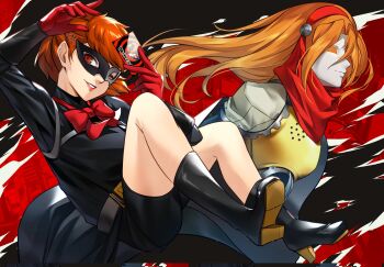 1girl adapted_costume black_mask black_shirt black_shoes black_shorts block_heels bow calling_card card commentary commission corrupted_twitter_file domino_mask english_commentary eye_mask floating full_body gloves hair_ornament hairclip highres holding holding_card long_hair looking_at_viewer mask one_eye_closed orange_hair orpheus_(female)_(persona) persona persona_(summon) persona_3 persona_3_portable persona_5 red_background red_bow red_eyes red_gloves red_hair red_scarf scarf second-party_source shiomi_kotone shirt shoes shorts smile two-tone_background wanderstillart