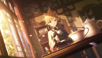 1boy architecture black_gloves black_ribbon black_sash blonde_hair blurry book brooch cabinet chair clock closed_mouth collared_shirt colorful_palette cup curtains depth_of_field desk_lamp dot_nose drawer dutch_angle earrings east_asian_architecture evening facing_viewer floral_print flower_brooch glint gloves grandfather_clock green_eyes green_shirt half-closed_eyes high_ponytail highres holding holding_cup holding_saucer indoors jewelry kagamine_len lamp light_particles light_smile lily_print long_sleeves looking_down male_focus more_more_jump!_(project_sekai) more_more_jump!_len neck_ribbon obi official_art open_window parted_bangs pendulum_clock petals plate ponytail project_sekai puffy_long_sleeves puffy_sleeves radio ribbon sash saucer shade shirt short_ponytail sidelighting single_earring sitting sono_te_michibiku_nukumori_wa_(project_sekai) stained_glass sunlight table tag_earrings tassel teacup teapot third-party_source tree two-tone_shirt vase vocaloid wall_clock white_shirt window wooden_table