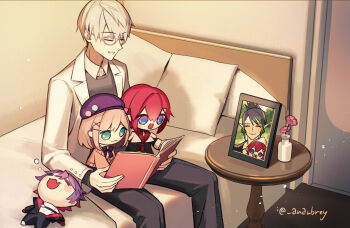 Rule 34 | 2boys, 2girls, :3, :d, = =, ange katrina, ange katrina (1st costume), aqua eyes, aubrey (kyarairo), bed, beret, black hair, black jacket, black pants, blue eyes, blush stickers, book, brown hair, cardigan, chibi, closed eyes, closed mouth, coat, collared shirt, colored tips, commentary request, fang, flower, glasses, green hair, grey-framed eyewear, grey sweater, hair between eyes, hair ornament, hanabatake chaika, hat, highres, hitotsubashi ayato, hitotsubashi ayato (1st costume), holding, holding book, indoors, jacket, lab coat, lapels, light particles, long sleeves, looking at object, lying, medium hair, multicolored eyeshadow, multicolored hair, multiple boys, multiple girls, nijisanji, no pupils, notched lapels, on back, on bed, on lap, open clothes, open coat, open jacket, open mouth, pants, photo (object), picture frame, pillow, pink cardigan, pink flower, pointy ears, purple hair, purple hat, reading, reading together, red hair, red shirt, shirt, short hair, sitting, skin fang, sleeping, smile, suzuhara lulu, suzuhara lulu (1st costume), sweater, table, triangle hair ornament, twitter username, two-tone hair, virtual youtuber, watarai hibari, watarai hibari (1st costume), white coat, white hair, white shirt, x hair ornament