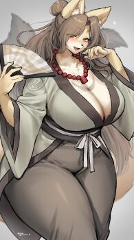 1girl animal_ear_fluff animal_ears animal_nose bead_necklace beads blush breasts brown_fur cleavage commentary fangs fox_ears fox_girl furry furry_female hair_bun hand_fan hand_to_own_mouth highres holding holding_fan japanese_clothes jewelry large_breasts long_hair mature_female multiple_tails necklace open_mouth original solo suurin_(ksyaro) tail two-tone_fur wide_hips yellow_eyes