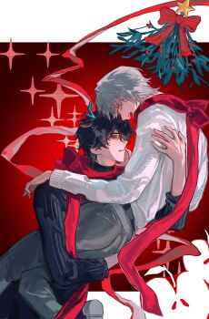 arm_around_back arm_around_leg black_hair black_sweater caelus_(honkai:_star_rail) closed_eyes commentary_request dan_heng_(honkai:_star_rail) green_eyes grey_hair grey_pants highres honkai:_star_rail honkai_(series) looking_at_another mistletoe pants qkbatsqfbzrdpsp red_ribbon reindeer_hair_ornament ribbon sweater trailblazer_(honkai:_star_rail) white_sweater