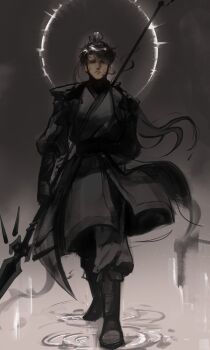 1boy absurdres arm_behind_back baggy_pants black_eyes black_gloves black_robe boots eclipse floating_hair full_body gloves hair_bun highres holding holding_polearm holding_weapon logicsterrr long_hair looking_at_viewer male_focus pants polearm robe serious shadow_slave solar_eclipse solo spear sunny_(shadow_slave) very_long_hair walking weapon