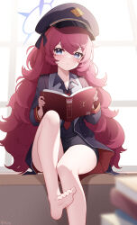 Rule 34 | 1girl, absurdres, barefoot, black coat, black shirt, black skirt, blue archive, blush, book, coat, grey eyes, halo, hat, highres, holding, holding book, iroha (blue archive), jacket, long hair, long sleeves, looking at viewer, military hat, military jacket, necktie, peaked cap, poinia, purple halo, red hair, red necktie, shirt, sitting, skirt, solo, wavy hair, window