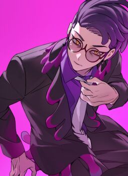1boy arm_up black-framed_eyewear black_coat black_pants black_suit closed_mouth clothes_grab coat collared_shirt commentary_request corbeau_(pokemon) cotton_mellow formal_clothes glasses highres lapels layered_sleeves long_sleeves looking_at_viewer male_focus necktie necktie_grab neckwear_grab nintendo open_clothes open_coat pants parted_hair pokemon pokemon_legends:_z-a purple_background purple_hair purple_shirt round_eyewear shirt short_hair simple_background sitting slit_pupils solo suit tassel wing_collar yellow_eyes