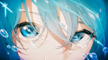 1girl blue_eyes blue_hair blurry close-up commentary_request crossed_bangs depth_of_field hair_between_eyes hakushi_jaco hatsune_miku highres looking_at_viewer mouth_out_of_frame solo teardrop tearing_up thick_eyelashes vocaloid water_drop