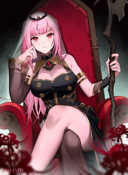 1girl absurdres arm_guards artist_name asymmetrical_legwear asymmetrical_sleeves bare_shoulders black_dress black_nails blunt_bangs blurry blurry_foreground breasts buttons cleavage cleavage_cutout closed_mouth clothing_cutout commentary crossed_legs detached_sleeves double-breasted dress fingernails flower gold_trim hand_up head_rest highres holding holding_scythe hololive hololive_english knees large_breasts long_dress long_hair mismatched_legwear mismatched_sleeves mori_calliope mori_calliope_(1st_costume) nail_polish pink_hair red_eyes red_flower scythe see-through_clothes see-through_sleeves see-through_veil single_sleeve single_thighhigh sitting_on_throne sleeveless sleeveless_dress solo spider_lily symbol-only_commentary thighhighs throne tiara veil virtual_youtuber wide_sleeves zmeinir