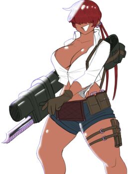 1girl 1shermieaday breasts costume dark-skinned_female dark_skin devil_may_cry_(series) female_focus gloves huge_breasts large_breasts long_hair ponytail red_hair shermie_(kof) smile standing tan the_king_of_fighters thick_thighs thighs twintails