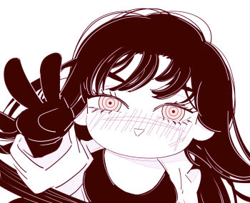 1girl arm_up blush chainsaw_man chibi chibi_only deer60868637 facial_scar gloves jacket long_hair monochrome scar scar_on_cheek scar_on_face scar_on_nose shirt solo triangle_mouth v yoru_(chainsaw_man)