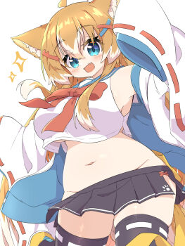 1girl ahoge animal_ear_fluff animal_ears aqua_eyes arm_up belly black_skirt black_thighhighs blue_sailor_collar bow bowtie breasts commentary_request cowboy_shot cropped_shirt dog_ears dog_girl fang groin hair_between_eyes hair_ornament hairclip haru_(toramaru2001710) highres jacket jacket_partially_removed large_breasts light_blush long_hair looking_at_viewer miniskirt multicolored_hair navel no_panties open_clothes open_jacket open_mouth orange_hair original pleated_skirt red_bow red_bowtie red_ribbon ribbon ribbon-trimmed_sleeves ribbon-trimmed_thighhighs ribbon_trim sailor_collar shirt side_slit sidelocks simple_background skin_fang skindentation skirt sleeveless sleeveless_shirt sleeves_past_fingers sleeves_past_wrists smile solo sparkle standing standing_on_one_leg thighhighs toramaru2001710 two-tone_hair very_long_hair white_background white_hair white_jacket white_shirt wide_sleeves x_hair_ornament yellow_bow zettai_ryouiki