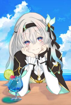 Rule 34 | 1girl, black hairband, black jacket, black ribbon, blue sky, blush, cherry, cloud, cupping glass, day, drinking straw, firefly (honkai: star rail), food, fruit, grey hair, hair ribbon, hairband, highres, honkai: star rail, honkai (series), jacket, lime (fruit), lime slice, long hair, long sleeves, looking at viewer, piguretto, purple eyes, ribbon, sky, smile, solo, upper body