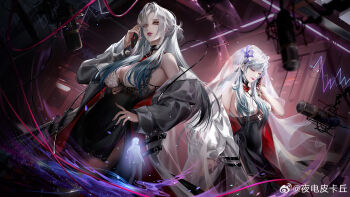 3girls black_choker black_dress black_nails blazer bra breasts cable cardiogram cellphone character_request chief_(path_to_nowhere) choker cleavage closed_eyes closed_mouth coat coat_bow coat_partially_removed cowboy_shot cross-laced_clothes cross-laced_dress dress dress_pants expressionless eyelashes female_chief_(path_to_nowhere) flower formal_clothes from_behind grey_hair hair_flower hair_ornament hand_on_own_hip highres holding holding_phone indoors iris_(flower) jacket lace lace-trimmed_dress lace_trim large_breasts light_particles lipstick long_hair long_sidelocks makeup microphone mini_person minigirl mole mole_under_eye multiple_girls nail_polish one_side_up orange_eyes parted_lips path_to_nowhere petals phone pink_lips purple_flower red_coat see-through_clothes see-through_veil short_dress side_slit sidelocks size_difference smartphone studio suit talking_on_phone two-sided_coat two-sided_fabric underwear veil very_long_hair watermark weibo_watermark white_bra white_coat white_veil window ye_dian_pikaqiu