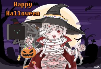 1girl :d bandages bat_(animal) bat_ornament blood breasts candy english_text food full_moon halloween happy_halloween hat holding holding_pumpkin large_breasts last_origin monitor moon navel one_eye_closed open_mouth pixel_art pumpkin red_eyes rodong8 short_hair skindentation smile solo tombstone tongue tongue_out white_hair wistar_(last_origin) witch_hat