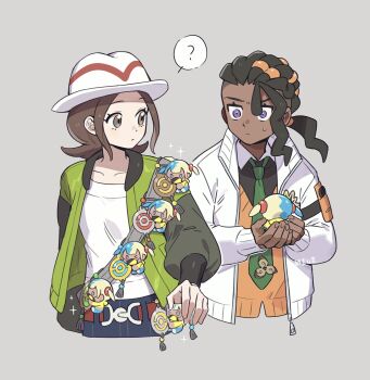 1boy 1girl ? belt brown_belt brown_eyes brown_hair canari_(pokemon) canari_plush_(pokemon) character_doll closed_mouth collarbone collared_shirt commentary_request dark-skinned_male dark_skin doll eyelashes green_jacket green_necktie grey_background harmony_(pokemon) hat highres holding holding_doll jacket long_hair long_sleeves nai_gai_hongcha naveen_(pokemon) necktie nintendo open_clothes open_jacket orange_vest pants pokemon pokemon_legends:_z-a purple_eyes shirt spoken_question_mark strap sweatdrop vest white_hat white_jacket white_shirt