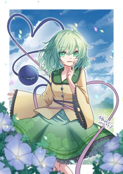 1girl absurdres artist_name blue_flower blue_sky buttons chinese_commentary cloud collared_shirt commentary dated day diamond_button eyeball finger_to_mouth floral_print flower flower_request frilled_shirt_collar frilled_skirt frilled_sleeves frills green_eyes green_hair green_skirt heart heart_of_string highres komeiji_koishi long_sleeves looking_at_viewer luo_chen_levi no_headwear open_mouth print_skirt rose_print shirt shushing skirt sky smile solo third_eye touhou wide_sleeves yellow_shirt