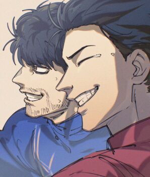 Rule 34 | 2boys, bags under eyes, beard stubble, black hair, blue jacket, commentary request, facial hair, grin, grntr 260106, happy, highres, hyakuemu, jacket, komiya (hyakuemu), male focus, multiple boys, red jacket, short hair, smile, stubble, tears, teeth, togashi (hyakuemu), track jacket