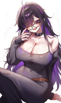 Rule 34 | 1girl, absurdres, bare shoulders, belt, black-framed eyewear, black cardigan, black choker, black dress, black hair, blush, breasts, brown belt, cardigan, cardigan partially removed, choker, cleavage, collarbone, colored inner hair, commentary request, dress, glasses, goddess of victory: nikke, hair over one eye, highres, label (nikke), large breasts, long hair, looking at viewer, maviss 03, mole, mole on breast, multicolored hair, open mouth, purple eyes, purple hair, simple background, smile, solo, sweat, very long hair, white background