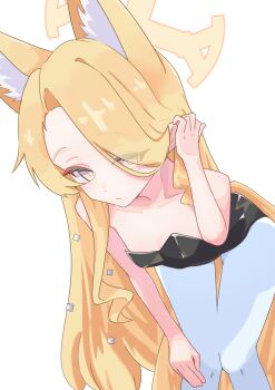 1girl absurdres alternate_costume animal_ear_fluff animal_ears bent_over black_leotard blonde_hair blue_archive breasts closed_mouth commentary_request eyes_visible_through_hair fox_ears fox_girl hair_over_one_eye halo highres leotard looking_at_viewer pantyhose pink_eyes sainarohh seia_(blue_archive) small_breasts solo strapless strapless_leotard white_pantyhose yellow_halo