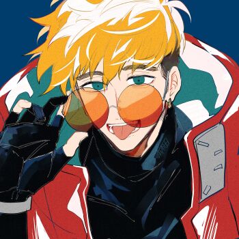 Rule 34 | 1boy, black hair, black shirt, blonde hair, blue background, blue eyes, coat, commentary request, earrings, film grain, gloves, green coat, highres, jewelry, male focus, multicolored hair, orange-tinted eyewear, partially fingerless gloves, piercing, red coat, rimless eyewear, round eyewear, shirt, short hair, simple background, single earring, solo, tinted eyewear, trigun, trigun stampede, turtleneck, two-sided coat, two-sided fabric, two-tone hair, u 5ham0, vash the stampede