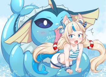 :3 animal animal_ears bent_over bikini bikini_under_clothes blonde_hair blue_eyes blue_hair blunt_bangs blush bow bracelet cat_ears commentary ear_bow ecclesia_feriae english_commentary fang fins fish_tail gen_1_pokemon highres indie_virtual_youtuber innertube_hair_ornament jewelry licking low_twintails multicolored_hair nintendo open_mouth oversized_animal pokemon pokemon_(creature) sameko_saba short_shorts shorts signature streaked_hair swimsuit tail twintails two-tone_hair vaporeon virtual_youtuber