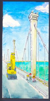 Rule 34 | 1girl, 3boys, akahanadragon, backpack, bag, baseball cap, black border, blonde hair, border, bow, bridge, diamond (gemstone), dress, excavator, formal clothes, george montague, glasses, hair bow, hat, jeff andonuts, looking at another, mother (series), mother 2, multiple boys, ness (mother 2), nintendo, outdoors, paula (mother 2), river, shirt, shoes, shorts, smile, sneakers, striped clothes, striped shirt, suit, t-shirt, traditional media, water