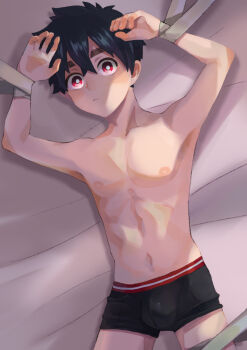 1boy absurdres bad_source bed black_boxer_briefs black_hair black_male_underwear boxer_briefs bulge highres kemono_jihen kusaka_kabane male_focus male_underwear red_eyes shota tied underwear underwear_only
