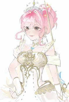 Rule 34 | 1girl, absurdres, armor, bare shoulders, breastplate, brown eyes, butterfly net, chinese commentary, closed mouth, clothing cutout, collar, commentary request, cowboy shot, detached collar, dress, earrings, eyelashes, frilled arm warmers, hair between eyes, hair intakes, hand net, hand on own hip, happy, high collar, highres, holding, holding sword, holding weapon, infinity nikki, jewelry, jianchi zao shui de diyi tian, lace collar, light blush, lipstick, looking ahead, makeup, melody bloom (infinity nikki), nikki (nikki), nikki (series), pink hair, pink lips, rapier, short hair with long locks, short sleeves, shoulder cutout, sidelocks, simple background, smile, solo, sparkle, standing, sword, textless version, tiara, weapon, white arm warmers, white background, white collar, white dress