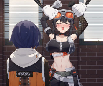 2girls arms_up asymmetrical_gloves belle_(zenless_zone_zero) belt black_hair black_sports_bra blue_hair blush bound bound_wrists breasts brick_wall choker cleavage closed_eyes detached_sleeves drooling explosive facing_another gloves goggles goggles_on_head grace_howard grenade grey_belt hood hood_down hooded_vest hoodie indoors large_breasts ling_huanxiang midriff mismatched_gloves multiple_girls navel nose_blush open_mouth pants restrained short_hair smile sports_bra stationary_restraints stomach sweatdrop utility_belt vest window zenless_zone_zero zipper_pull_tab zipper_top