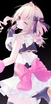 1girl ;) asymmetrical_gloves back_ribbon bare_arms black_background black_boots black_corset black_gloves black_ribbon black_vest blunt_bangs blush boots colored_inner_hair corset cropped_vest drill_hair fang fang_out finger_to_mouth foot_out_of_frame frilled_ribbon frilled_shirt frilled_skirt frilled_sleeves frills from_behind fur-trimmed_gloves fur_trim gloves gold_trim grey_hair hair_intakes hair_ornament hair_over_shoulder hair_ribbon heart highres idol_clothes index_finger_raised layered_skirt long_hair looking_at_viewer looking_back makaino_ririmu miniskirt mismatched_gloves multicolored_hair nijisanji nijisanji_idol_uniform official_alternate_costume one_eye_closed pink_fur pink_hair pink_ribbon pink_streaks pointy_ears rabbit_hair_ornament red_eyes ribbon shirt sidelocks simple_background skirt smile solo standing standing_on_one_leg streaked_hair thigh_strap tiara two-tone_hair two_side_up vest virtual_youtuber white_fur white_shirt white_skirt yumyi_0108