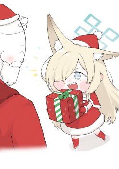 1boy 1girl animal_ear_fluff animal_ears blue_archive blue_eyes blue_halo chibi christmas commentary_request dog_ears dog_girl doodle_sensei_(blue_archive) gift hair_over_one_eye halo hat highres kanna_(blue_archive) kemonomimi_mode korean_commentary open_mouth santa_costume santa_hat sensei_(blue_archive) sharp_teeth teeth yosik