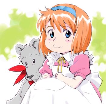 1990s_(style) 1girl animal blue_eyes dress freckles fushigi_no_umi_no_nadia hairband highres king_(nadia) light_smile lion looking_at_viewer marie_en_carlsberg mizutani_yuko mizutani_yuuko orange_hair pinafore_dress puffy_sleeves retro_artstyle sadamoto_yoshiyuki scarf short_hair short_sleeves sleeveless_dress squatting