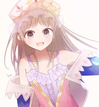 Rule 34 | 1girl, :d, atelier (series), atelier totori, bare shoulders, blue jacket, brown eyes, brown hair, commentary request, flat chest, hat, highres, jacket, kino te, long hair, long sleeves, looking at viewer, off shoulder, open mouth, pink shirt, shirt, simple background, smile, solo, totooria helmold, upper body, white hat