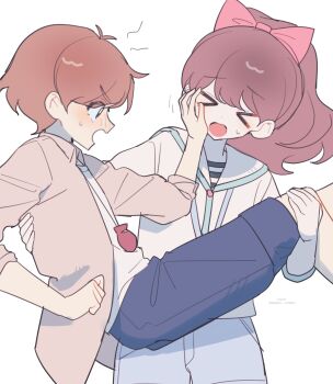 Rule 34 | 1boy, 1girl, blue pants, blue shorts, blush, bow, brown eyes, brown hair, closed eyes, fumiaki (youkai watch), grey jacket, hair bow, highres, jacket, kabi 10 18, kodama fumika, open clothes, open jacket, open mouth, pants, pink bow, reverse princess carry, shirt, short hair, short shorts, shorts, simple background, white background, white shirt, youkai watch, youkai watch 2