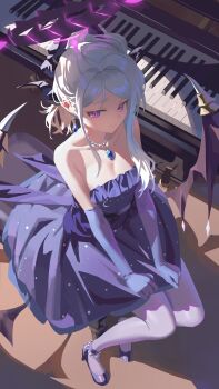 1girl absurdres bare_shoulders blue_archive breasts cleavage closed_mouth demon_girl demon_horns demon_wings dress elbow_gloves gloves grey_hair hair_bun halo high_heels highres hina_(blue_archive) hina_(dress)_(blue_archive) horns jewelry long_hair looking_at_viewer necklace official_alternate_costume official_alternate_hairstyle pantyhose purple_eyes purple_gloves purple_halo purple_pantyhose purple_shoes shoes shortofsugar sitting sleeveless sleeveless_dress smile solo strapless strapless_dress wings
