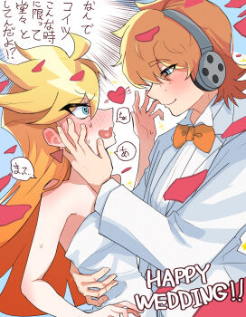1boy 1girl alternate_breast_size_(smaller) arrow_through_heart bare_shoulders blonde_hair blue_eyes blush bow bowtie brief_(psg) commentary_request couple dress ear_blush earrings flat_chest freckles gozen_no_koucha hand_on_another's_cheek hand_on_another's_face headphones hetero highres husband_and_wife jewelry long_hair open_mouth orange_bow orange_bowtie orange_hair panty_&amp;_stocking_with_garterbelt panty_(psg) smile strapless strapless_dress translation_request triangle_earrings tuxedo wedding_dress white_dress