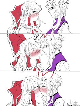 2girls blush bow food hakurei_reimu highres kiss long_hair multiple_girls pocky pocky_day pocky_kiss red_bow self-upload shared_food touhou yakumo_yukari yuri