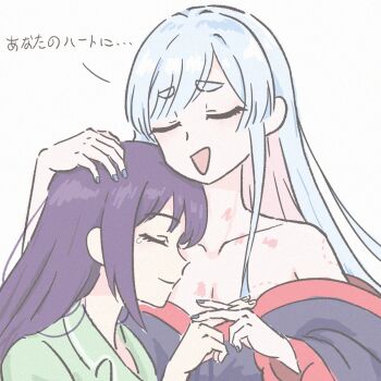 2girls bare_shoulders bite_mark bite_mark_on_breast bite_mark_on_shoulder chinese_commentary cho_kaguya-hime! closed_eyes collarbone colored_inner_hair commentary_request facing_another grey_hair hand_on_another's_head heibaijinshou hickey highres interlocked_fingers multicolored_hair multiple_girls open_mouth pink_hair purple_nails runami_yachiyo sakayori_iroha simple_background smile tearing_up translated upper_body white_background yuri